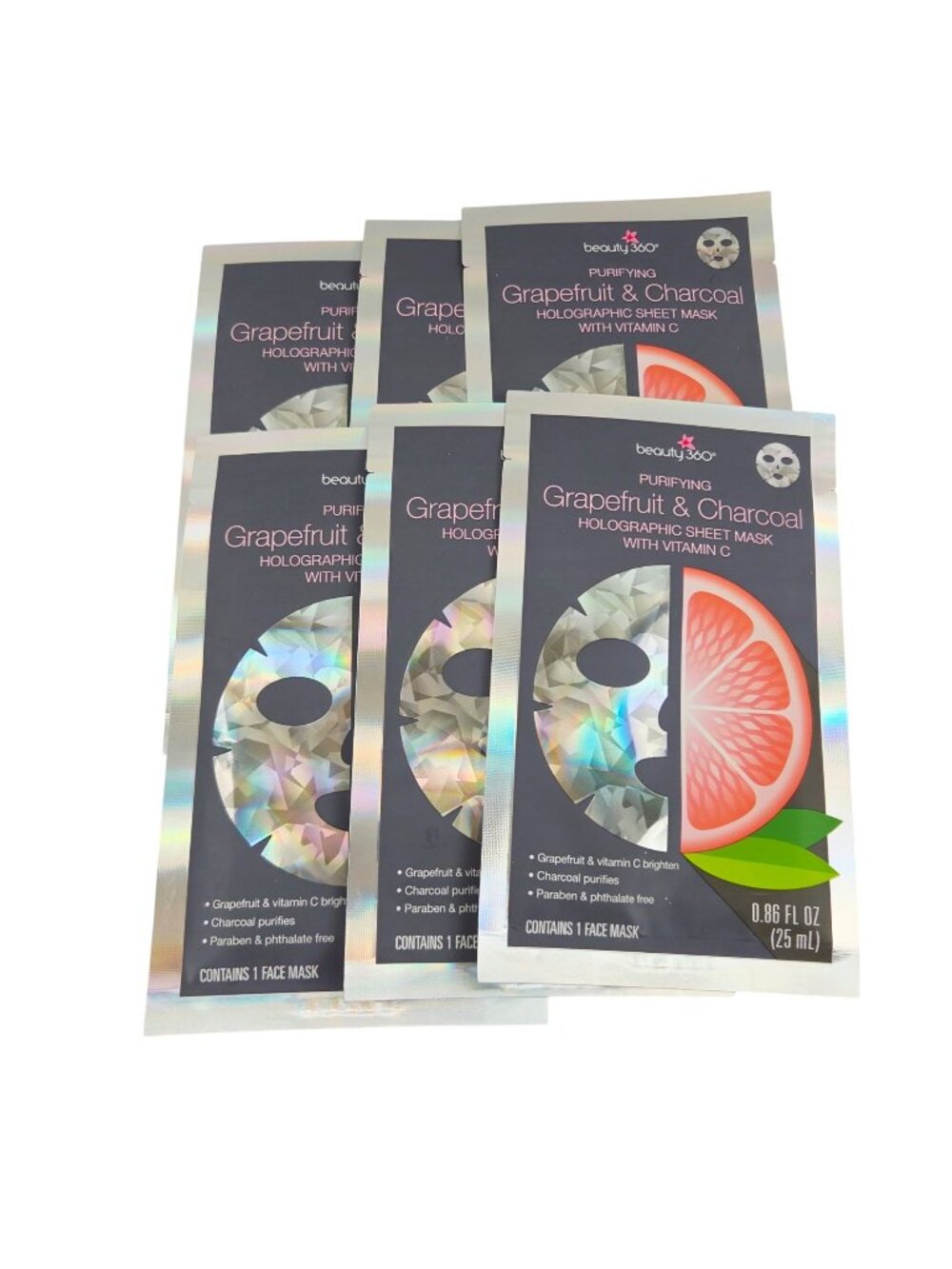 Beauty 360 Grapefruit & Charcoal Holographic Sheet Masks Vitamin C 6 Pack